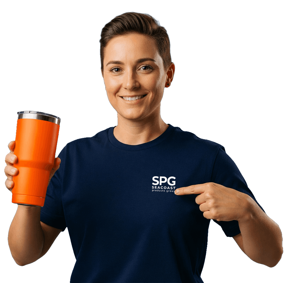 Woman Pointing at shirt holding a tumbler.